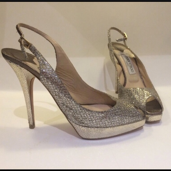 Jimmy Choo Clue Silver Glitter‎ Slingback Pump Platform Sandal Shoe [ 38.5 ] - Picture 8 of 14